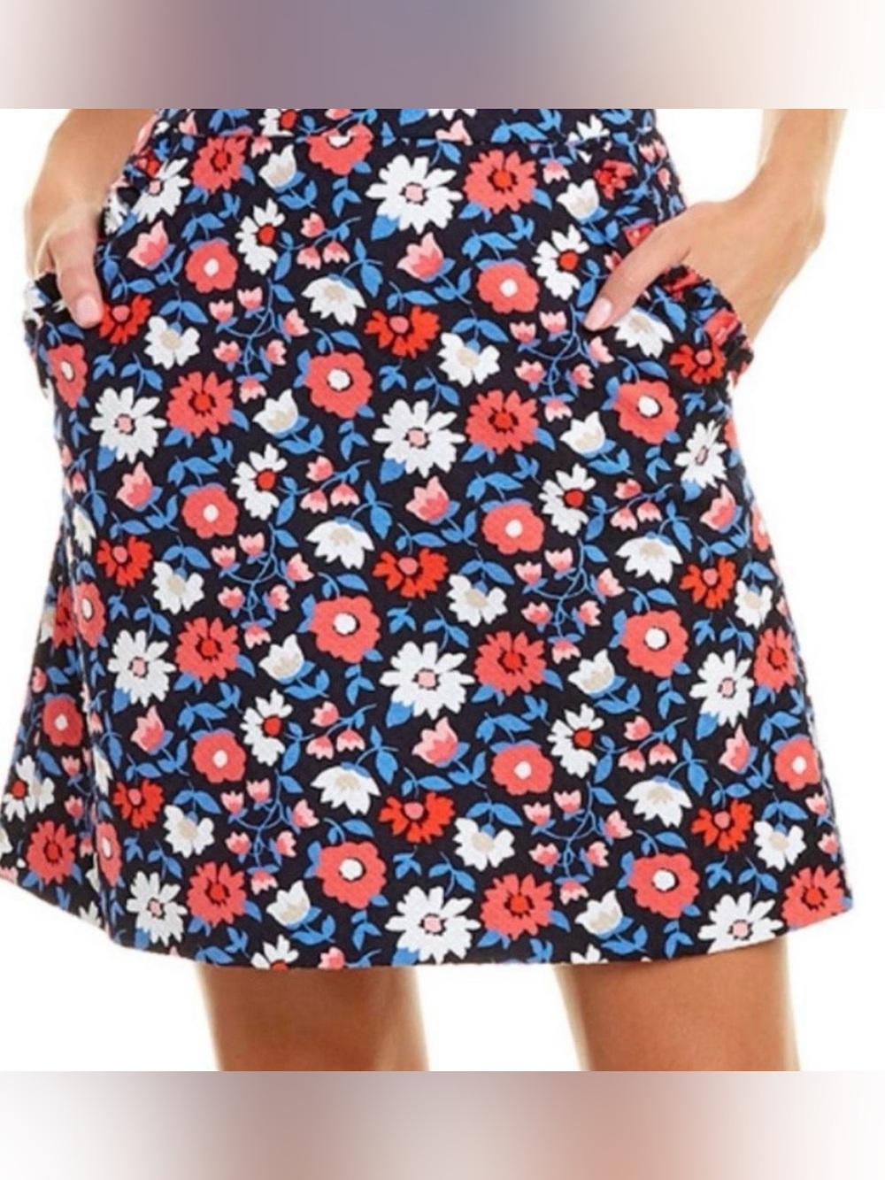 Kate Spade Navy A-Line Skirt with Coral, White & Blue Floral Print Y2K